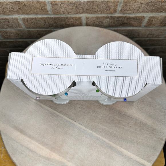 Cupcakes and Cashmere Rainbow Dot Coupe Glass Set 2 Vintage Style Set New - Picture 8 of 11